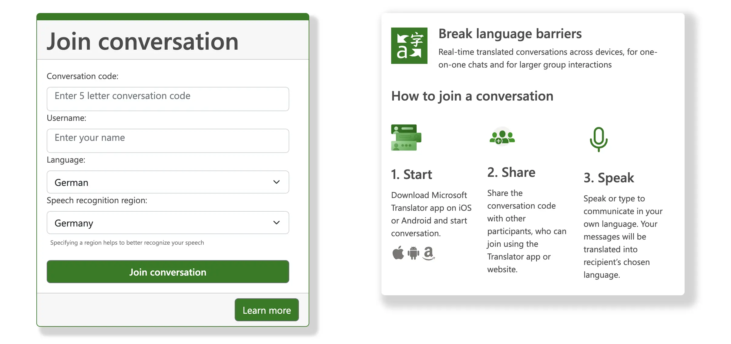 The web page of Microsoft Translator app.